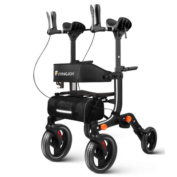 Lightweight Upright Rollator Walker All-Terrain Foldable with seat and Adjustable Height backrest, 300 lbs Capacity, 10" Front & 8" Rear Wheels for Seniors, Includes Cane Holders, Black