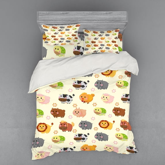 Nursery Duvet Cover Set, Animals with Simplistic Art Design Lion Bear Bunny Cow with Flowers, Bedding Set with Shams and Fitted Sheet, 3 Sizes, by Ambesonne