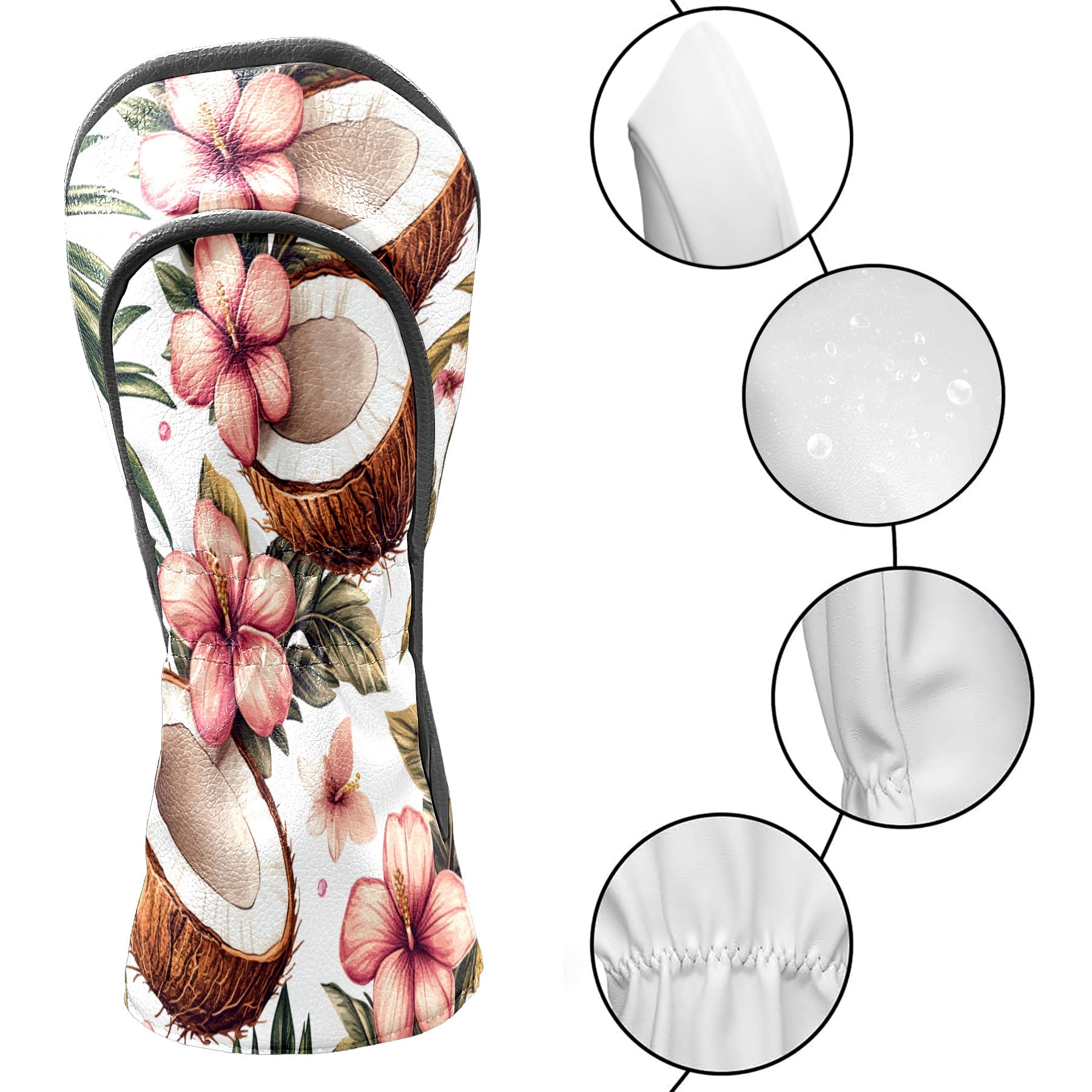 Golf Club Covers PU Leather Waterproof Head Covers for Fairway Woods Hybrids Coconut Flowers