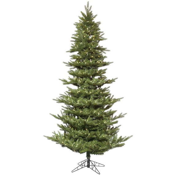 Vickerman 14' x 90" Carlsbad Fir Artificial Christmas Tree with 6362 PE/PVC Tips, 2200 UL Dura-Lit® LED Warm White Mini Lights, a foot pedal switch, and a folding metal stand.