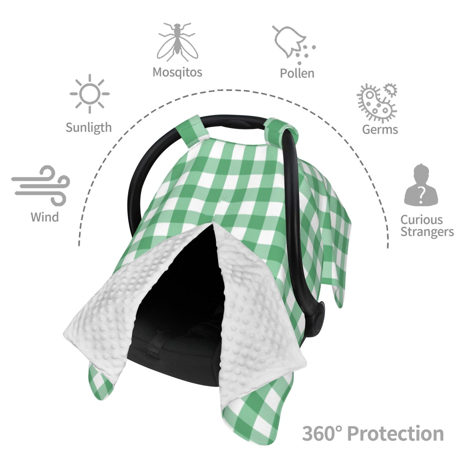 Car Seat Cover Baby - Gingham White green plaids checkered Breathable Infant Car Seat Cover for Baby Carseat, Lightweight Comfort Baby Essentials Must Haves Newborn Stuff for Girl Boy