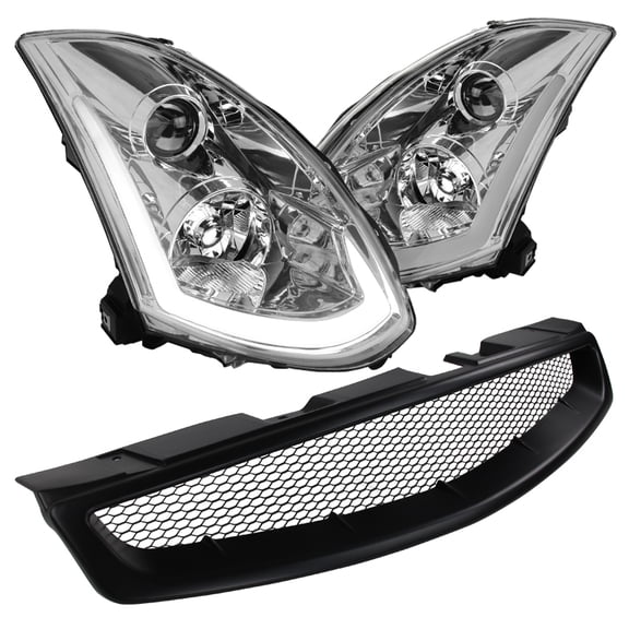 Spec-D Tuning Chrome Projector Headlights w/ LED Sequential Signal   Black Mesh Grille Compatible with 2003-2007 Infinity G35 Coupe Left   Right Pair Headlamps Assembly