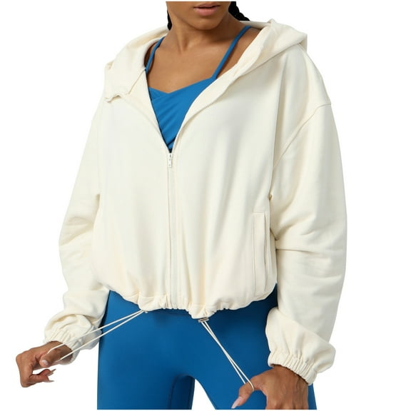 Zpanxa Women's Athletic Hoodie Jacket Long Sleeve Full Zip Yoga Sweatshirt with Pockets Loose Fit Casual Workout Running Top Beige XL