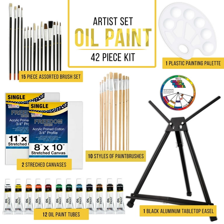 U.S. Art Supply 42-Piece Complete Artist Oil Painting Set with Easel - 12 Vivid Oil Paint Colors, 25 Brushes, 2 Stretched Canvases, Painting Palette