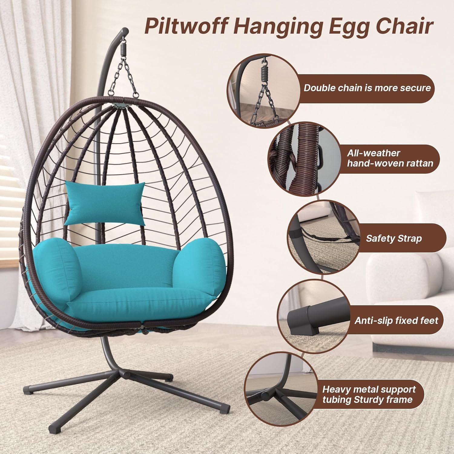 ALAULM Hanging Egg Chair with Stand, Indoor Outdoor Wicker Rattan Egg Swing Chair with Cushion Headrest, Hammock Chair 350lbs Capacity for Bedroom Patio Porch Garden Balcony(Blue)