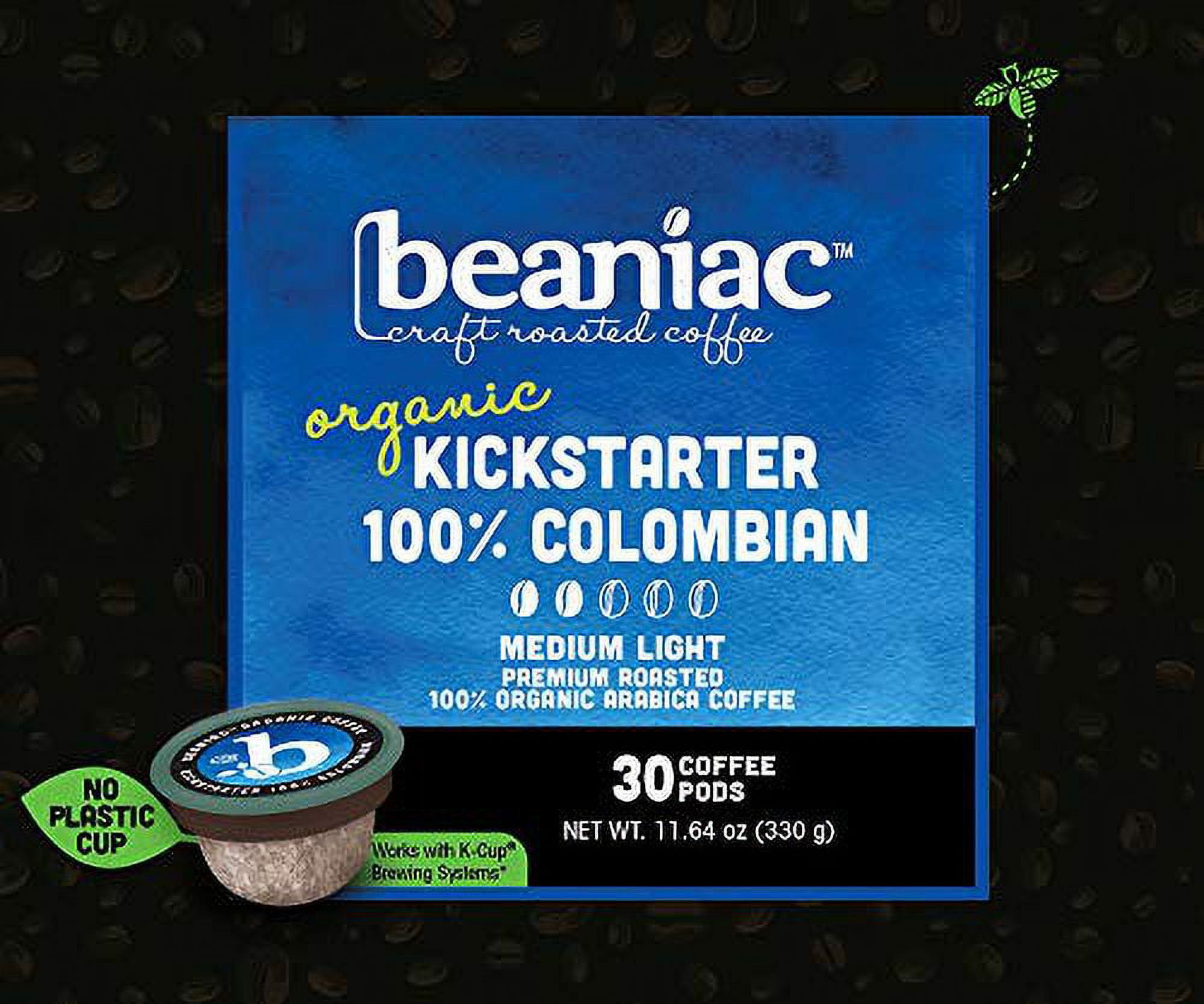 beaniac Organic Kickstarter 100% Colombian, Medium Light Roast, Single Serve Compostable K Cup Coffee Pods, Organic Arabica Coffee, Keurig Brewer Compatible, 30 Count