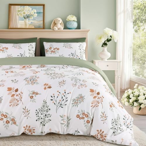 100% Cotton Floral Duvet Cover King Size - 600 Thread Count, Breathable & Cooling Comforter Cover with Zipper Closure,Hotel Bedding Duvet Covers 3 Piece (Qinyuan Spring & Green)