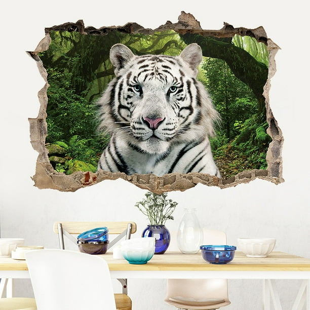 Adhesivo de pared 3D con cabeza de tigre realista, tigre blanco, 40 x 60 cm