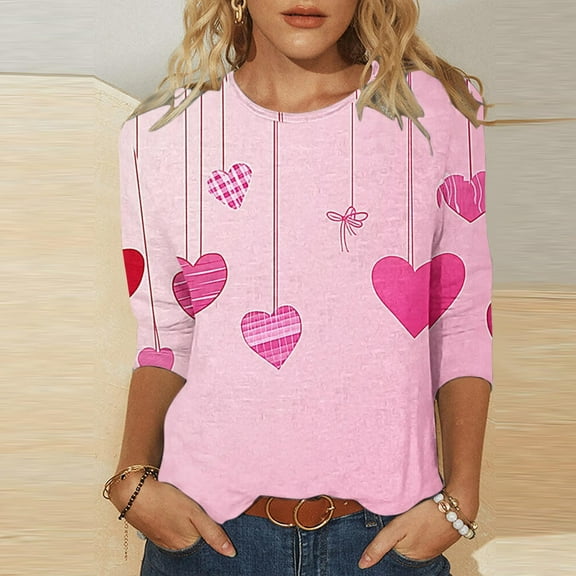 VKOYWKM Cute Valentine's Day Shirts Women Romantic Love Graphic Tees 3/4 Sleeve Crew Neck Holiday T-Shirts Valentines Day Gifts