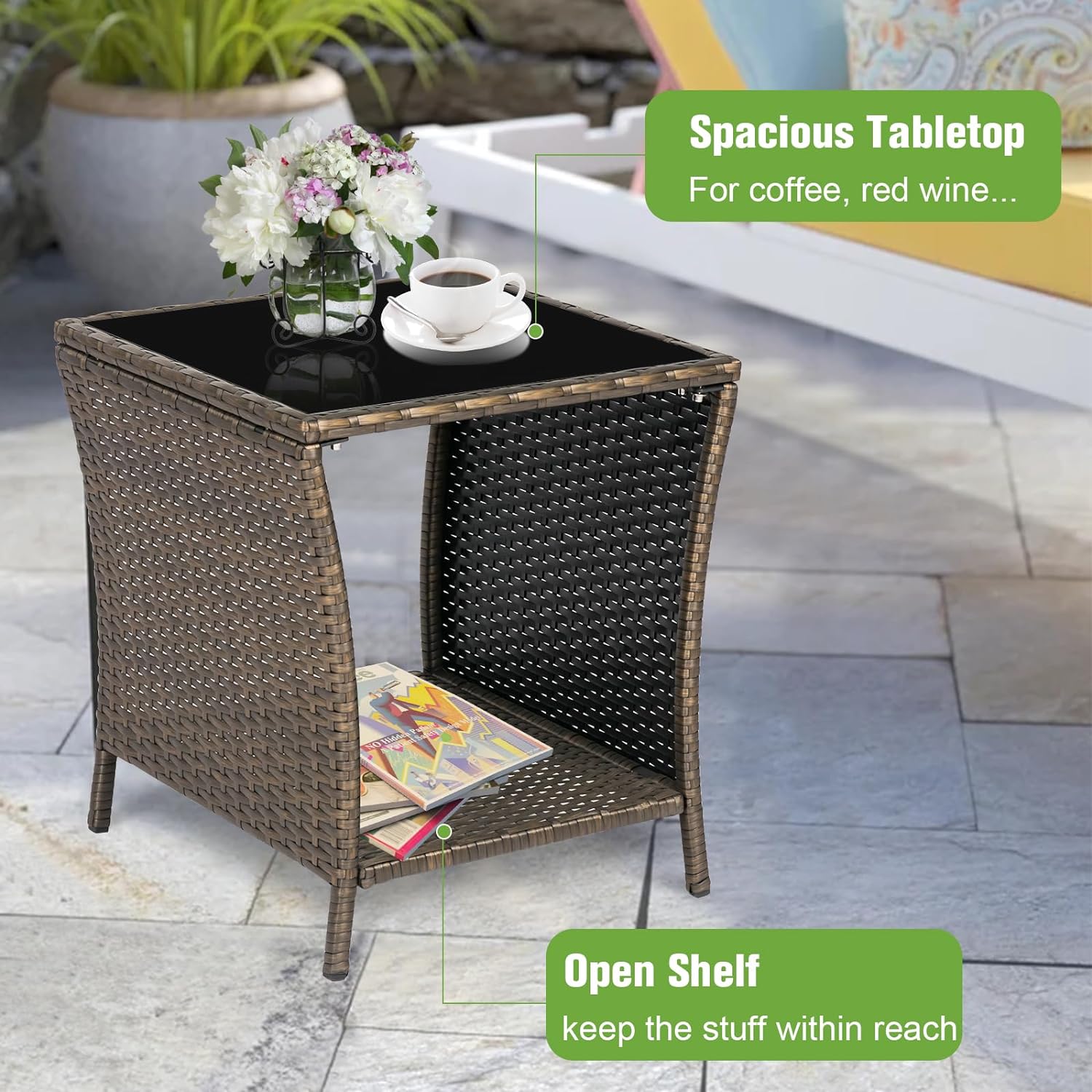 Kinbor Patio Wicker Rattan Side Table Outdoor Square Tempered Glass Top with Storage, Brown - image 4 of 8