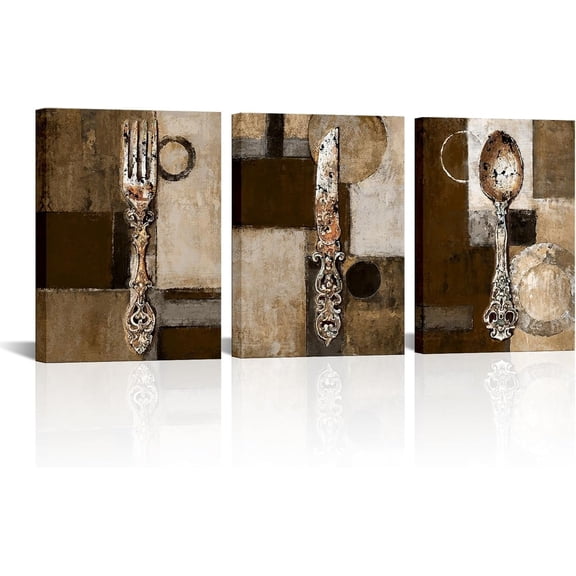 Hieng Vintage Kitchen Wall Art Decor Brown Tan Kitchen Painting Canvas Rustic Kitchenware Picture Prints for Dining Room Restaurant Geometric Decoration（Only canvas）