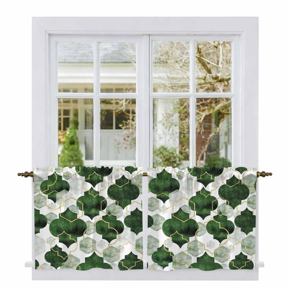 Dark Green Geometric Moroccan Tier Curtains 36 Inch Length, Abstract Ombre Modern Cafe Short Curtains for Bathroom Over Sink, Small Kitchen Curtain Light Filtering Tiered Drapes 2 Panels 27.5"Wx36"L