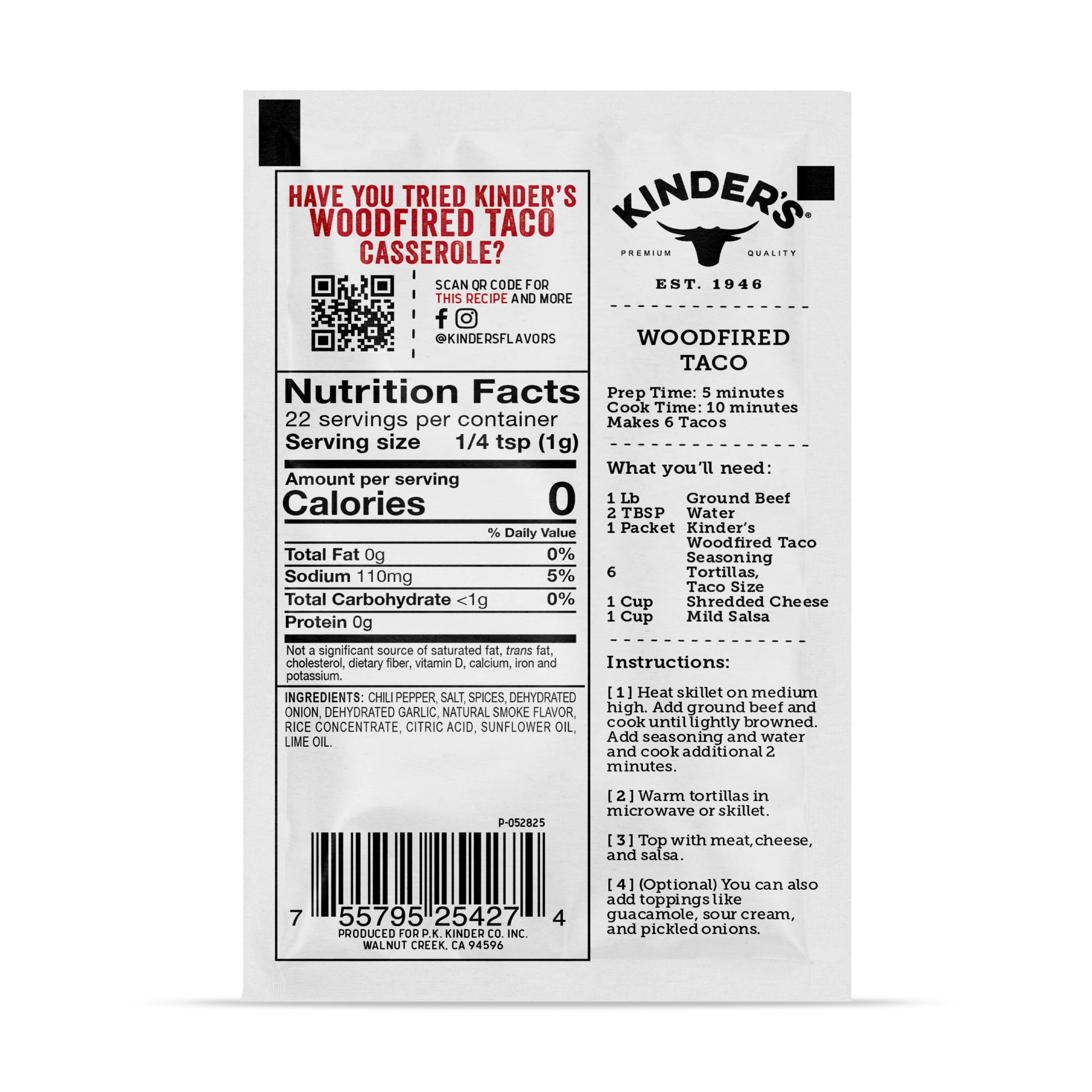 (7 pack) Kinder's Woodfired Taco Seasoning Blend with Chilis and Garlic, 0.8 oz Packet