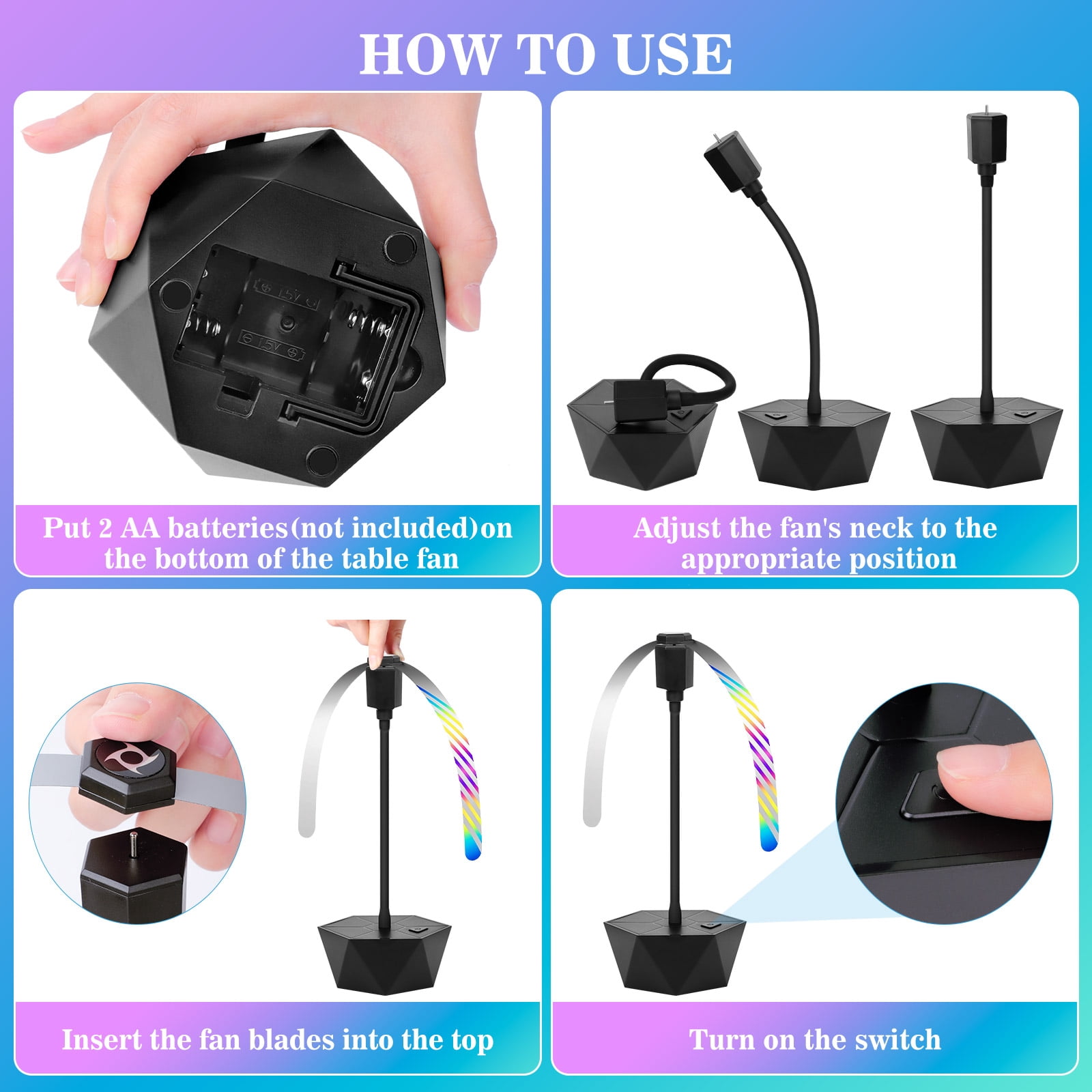 HKKDKTA Fly Fans for Tables, 4 packs Fan Portable with Holographic Blades and Hooks, Batteries Powered Table Fan for BBQ, Party, Kitchen and Picnic