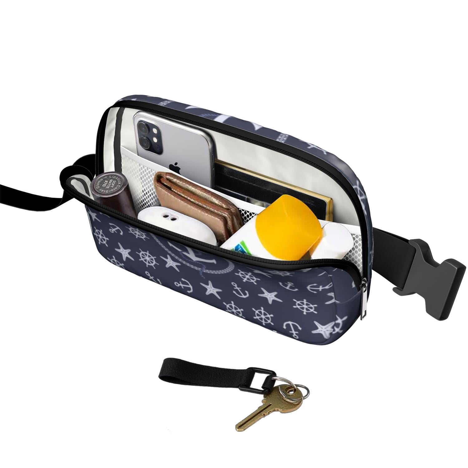 Marine Map Waist Bag – Nautical Travel Fanny Pack with Lighthouse, Anchor, Beacon & Coral Print, Great for Sailing & Coastal Getaways