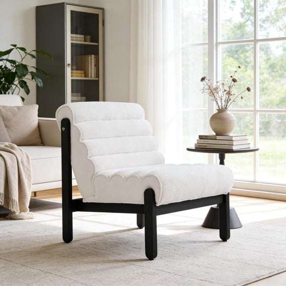 HomePerch Fluffy Boucle Accent Chair with Solid Wood Frame, Modern Farmhouse Armchair for Living Room Bedroom, Cozy Upholstered Lounge Chair with Soft Sherpa Fabric, White