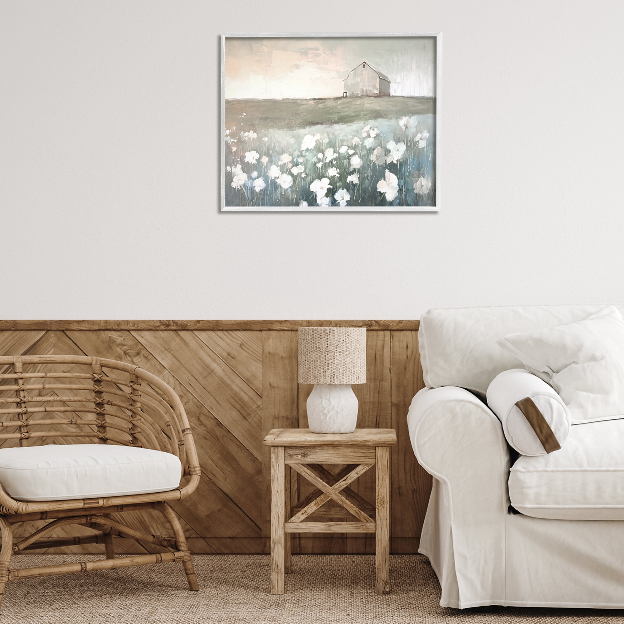 Stupell Industries Peaceful Floral Pasture Landscape Painting White Framed Art Print Wall Art, 30 x 24