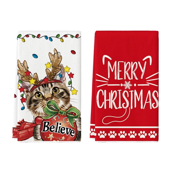 Sm:)e Believe Cat Christmas Kitchen Dish Towels Set of 2 18x26 Inch Red