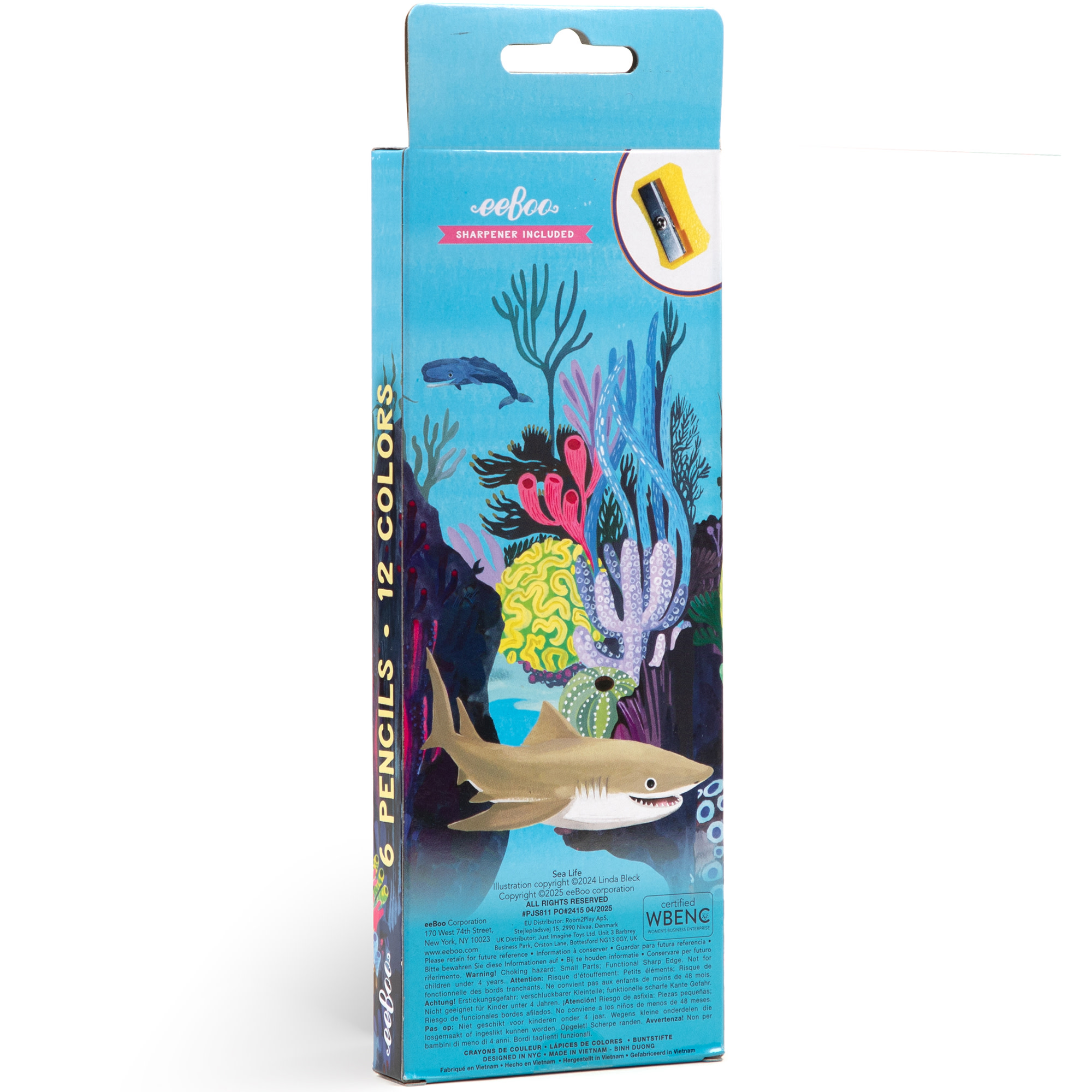 eeBoo: Double-Sided Jumbo Colored Pencils – Sea Life - 6pc Set, 12 Metallic & Fluorescent Colors, Sharpener, Chunky Foil Barrel, Kids Art Supplies