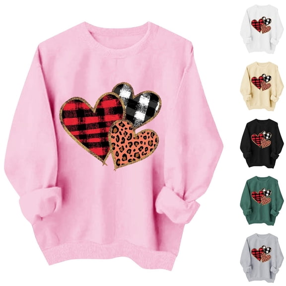 VKOYWKM Heart Print Sweatshirts for Women Oversized Valentine's Day Pullover Pink Long Sleeve Crewneck Sweatshirt Valentine's Gifts Pullover Tops