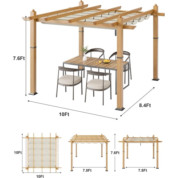 Historyli Pérgola retráctil de aluminio de 3 x 3 m con toldo parasol, cenador resistente a la intemperie, color blanco con veta de madera