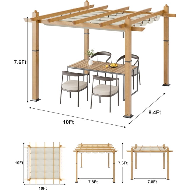 Historyli Pérgola retráctil de aluminio de 3 x 3 m con toldo parasol, cenador resistente a la intemperie, color blanco con veta de madera