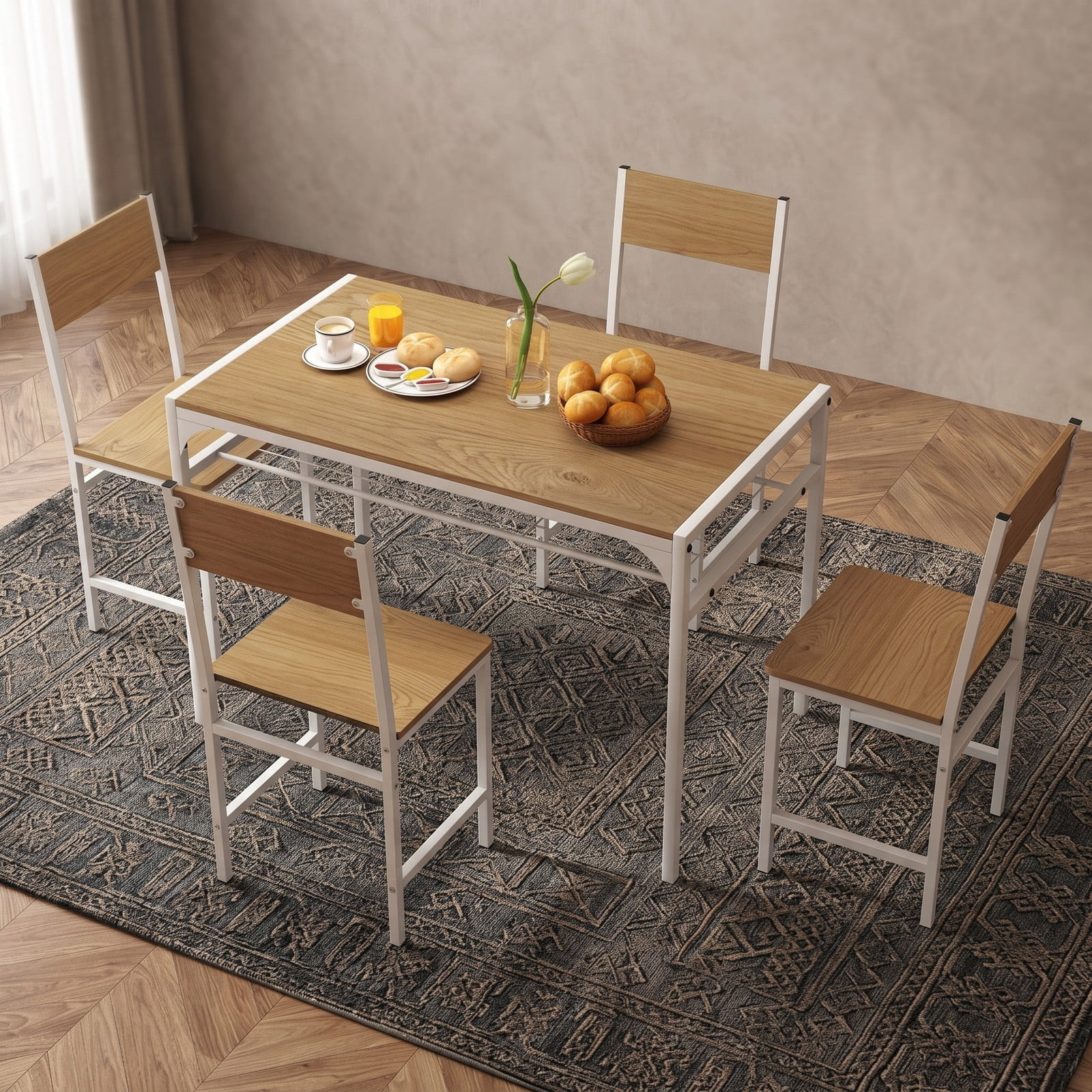 Furnibear Set of 4 Dining Chairs with Metal Legs and Slanted Back, Wood Grain Kitchen Side Chairs, Armless Dining Room Chairs with 300 lbs Capacity for Home, Natural