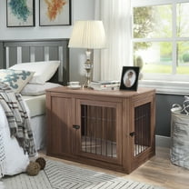 Unipaws Dog Crate End Table with Cushion, Wooden Wire Pet Kennels with Double Doors, Modern Design Dog House, Chew-Proof, Walnut
