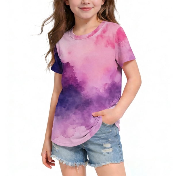Blusas y camisas de manga corta con cuello redondo Camiseta estampada de manga corta para niños Cuello redondo Media manga Casual Versátil Top de poliéster para niñas