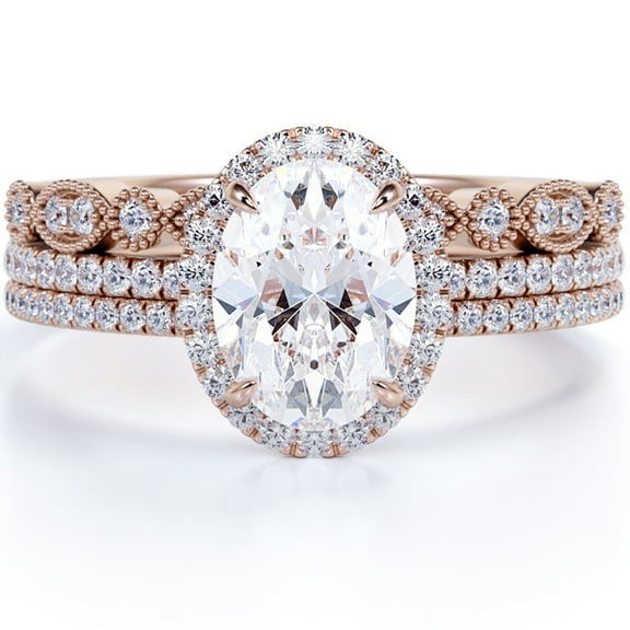 JeenMata 2 carat Oval Cut Moissanite with 2 Matching Bands in 18k Rose Gold Over Silver Elegant Ring