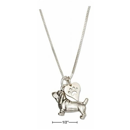 - Sterling Silver 18 in. Basset Hound Necklace with Dog Paw Print Heart Pendant