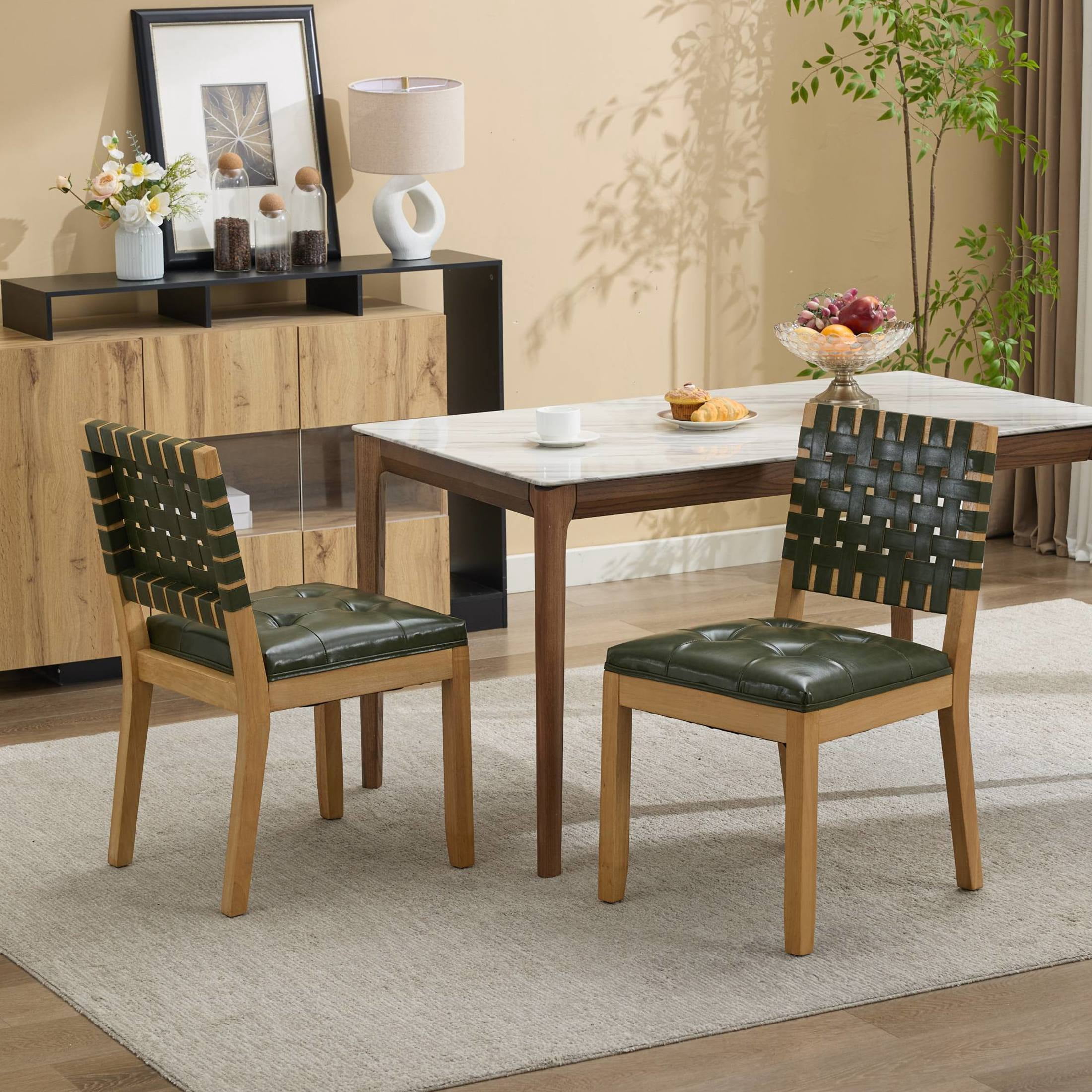GDF Studio 22" Dining Chairs Set of 2 with Woven PU Leather Back & Button-Tufted Seat, Hunter Green