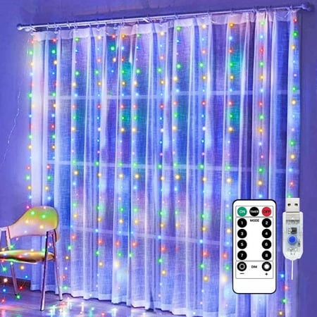 2025 New Fairy Curtain Lights for Bedroom 300LED, Christmas String Lights USB Plug in 8 Modes Wall Hanging Twinkle with Remote for Wedding Party Backdrop Decor Warm White (9.8x9.8FT)
