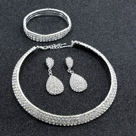 Women Rhinestone Crystal Choker Necklace Earrings + Bracelet + Earrings Set Wedding Jewelry Bridal Accessories New