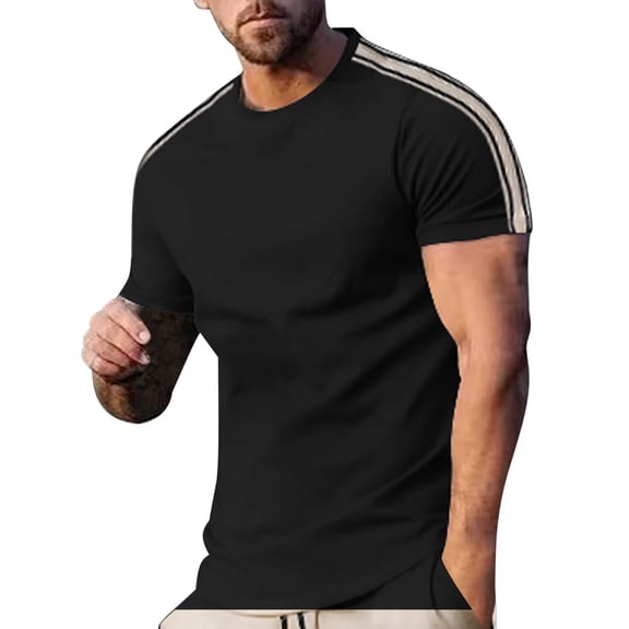 Cmfcve Round Neck T-shirts for Men Short Sleeve Side Striped Sports T-shirt Stretch Work Top Blouses