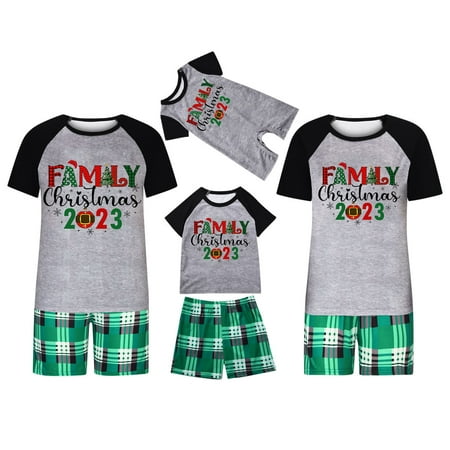 

Elainilye Fashion Christmas Pajamas For Family Xmas Matching Sets Santa Christmas Tree Sleepwear Short Sleeve Tops Plaid Shorts 2 Piece Set Gray