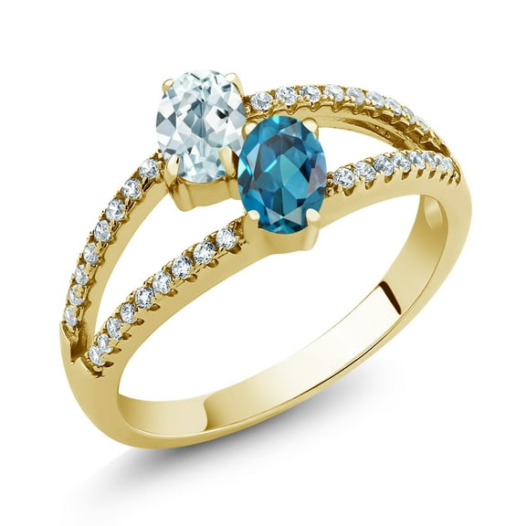 Gem Stone King 1.51 Ct Sky Blue Aquamarine London Blue Topaz 18K Yellow Gold Plated Silver Ring (Size 7)