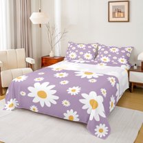 Feelyou Fashion Floral Flower Bed Sheets for Kids, Farmhouse Groovy Daisy King Sheets, Dreamy Cartoon Purple Sheet Set, Super Cozy Room Decor, 4pcs
