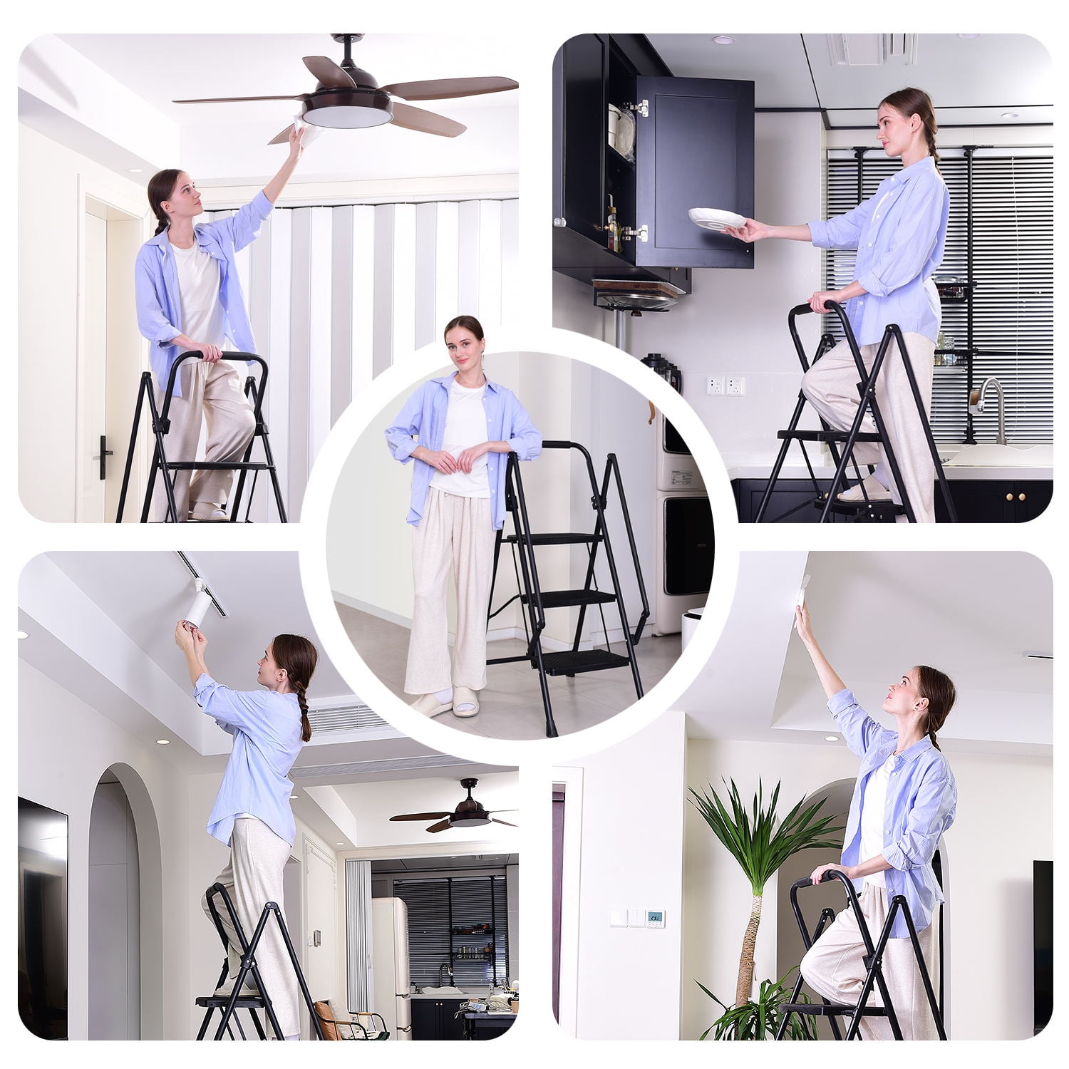5-Step Folding Ladder Stool, 330 LBS Lightweight Steel Step Ladder, Wide Non-Slip Pedals with Sponge Safety Handle, Portable Foldable Ladder for Home Kitchen Office