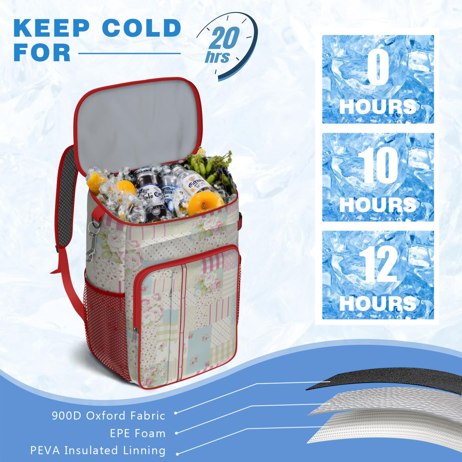 Travel Cooler Bag - Pioneer Flower Floral Print Pattern Camping Beer Cooler Backpack with Bottle Opener- Waterproof Insulated Picnic Backpacks - Cooler Bag for Beach