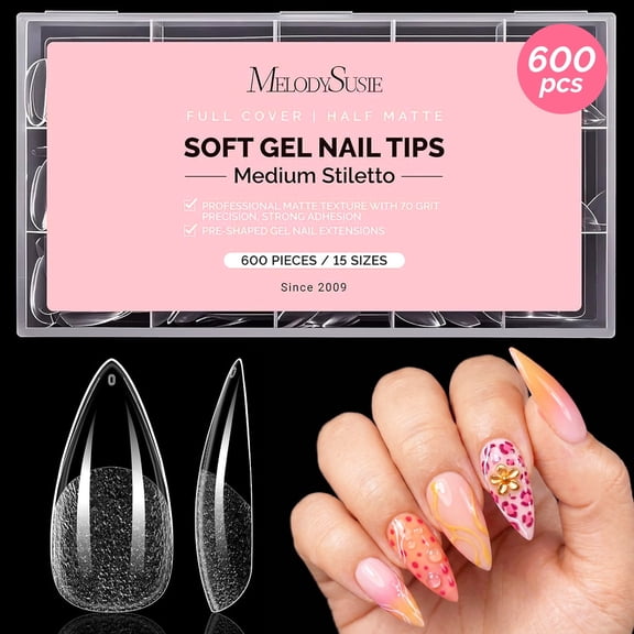 MelodySusie Medium Stiletto Nail Tips - 600Pcs 15 Sizes Clear Half Matte Full Cover Press on Nails for Edgy Nail Art, Pre-Shaped for Long-Lasting Manicure