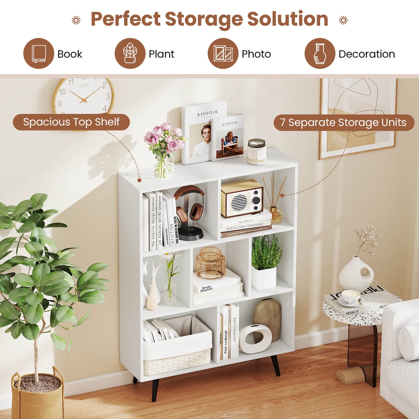 Costway 7 Cube Bookcase 3-Tier Modern Storage Organizer with 4 Metal Legs Bookshelves