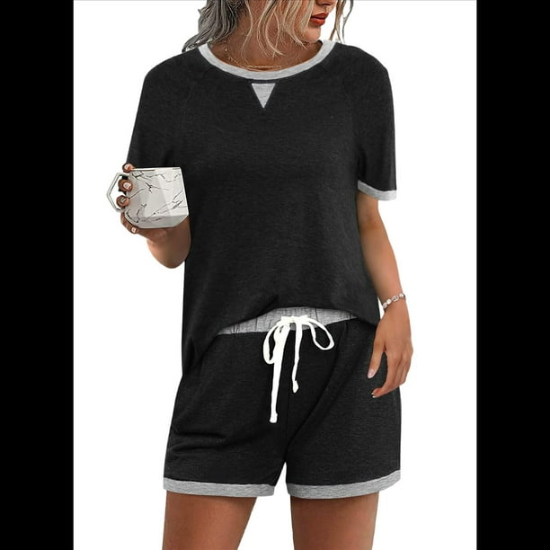 Conjunto de 2 Piezas para Mujer, Ropa de Estar por Casa, Top y Pantalones Cortos de Corta con Bloques de Color, Ropa de Verano 2025, Negro, XL