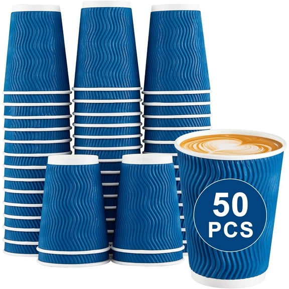 MEKBOK 12 oz Insulated Coffee Cups Disposable - 50 Count Blue Paper Coffee Cups No Lids 12oz, Corrugated Ripple Wall Design for Hot Cold Drinks.