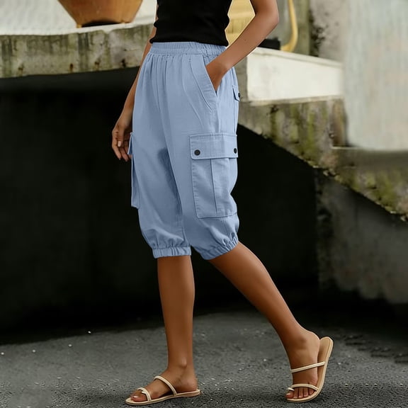 YTCAMLO 100%Cotton Pants for Women High Waist Elastic Waist Multi-Pocket Cargo Cropped Shorts Casual Breathable Loose Fit Cuffed Pants