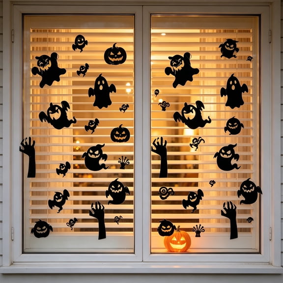 Cififendec 16Pcs Halloween Black Ghost Window Cling Stickers, Spooky Pumpkin Skeleton Hand Static Decal for Glass Pane Surface Decor