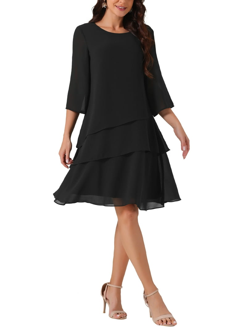 INSPIRE CHIC Women's Chiffon Dress Ruffle Tiered Flowy 3/4 Sleeve A-Line Knee  Length Dress S Black - Walmart.com