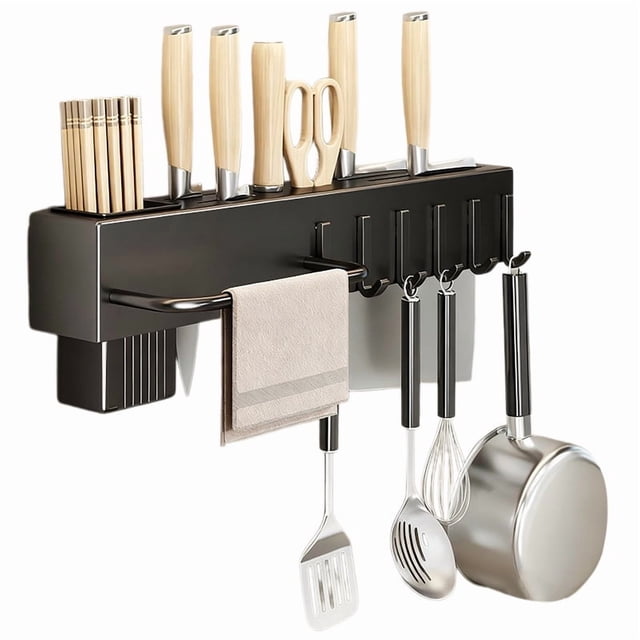 Car Bon Steel Utensil Rack - Space Saving Kitchen Organizer with Hooks and Hanging Bar for Optimal Storage Solutions