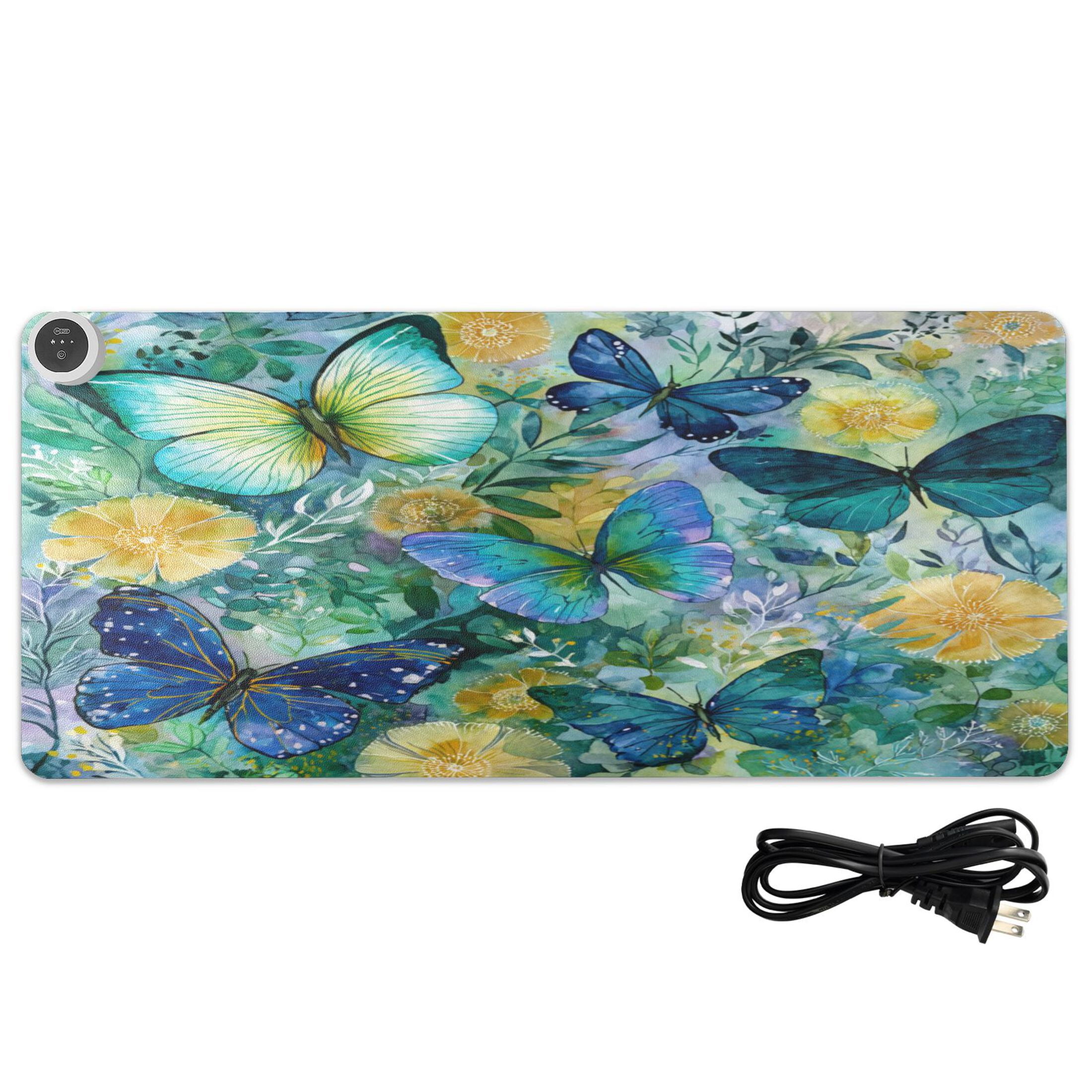 Wobogo Green Butterfly Heated Mouse Pad Extra-Large Desk Mat With 3 Heating Levels and 3-hour Auto Shut-Off Protection Ideal for Computer Keyboards Home Office Hand-warming Essential 31.5in × 13in