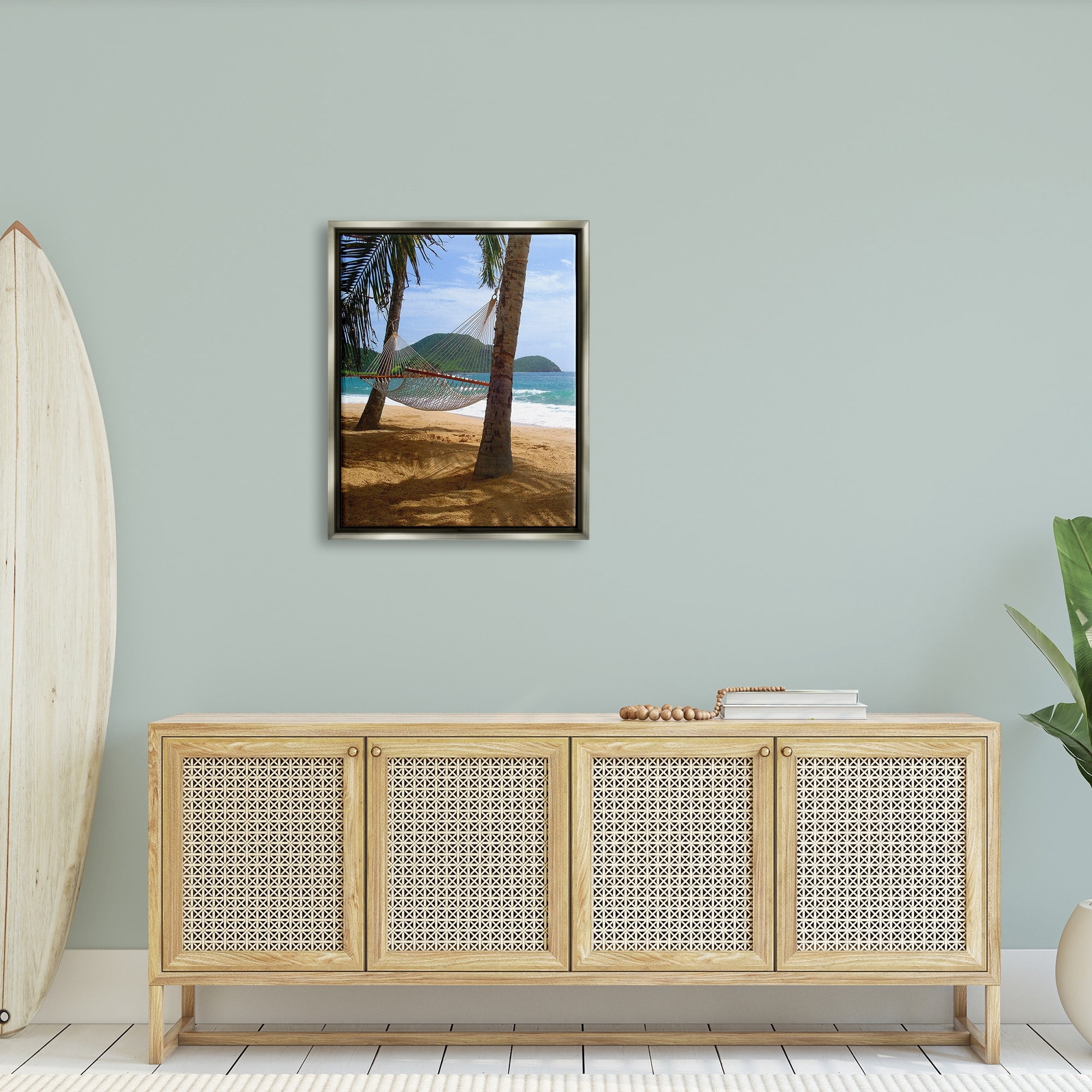 Stupell Industries Tropical Summer Vacation Hammock Between Palm Trees Photograph Luster Gray Floating Framed Canvas Print Wall Art, Design by Noah Bay